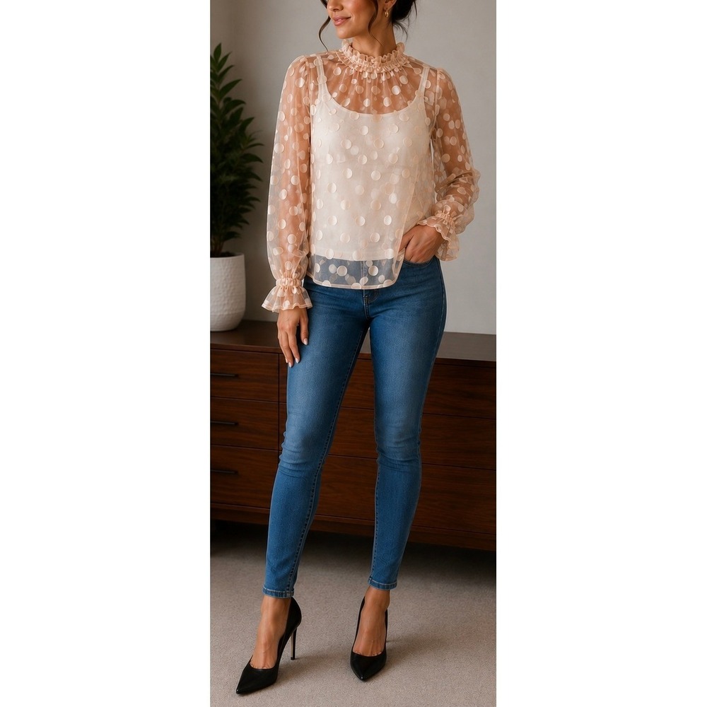 Womens Peach Polka Dot Sheer Mesh Ruffle High Neck Long Sleeve Blouse Top Size-M